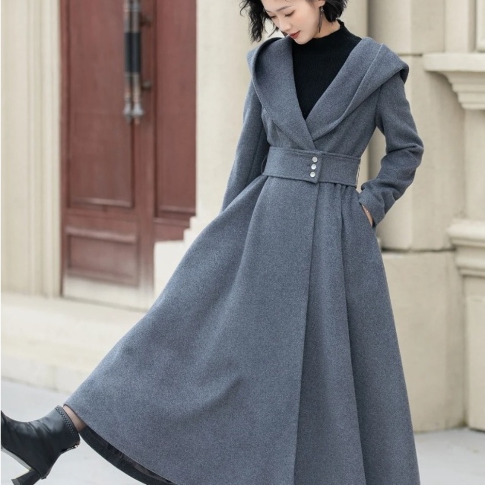 Long wool coat, Womens gray swing wool coat, Warm wool Coat, Hooded wool coat